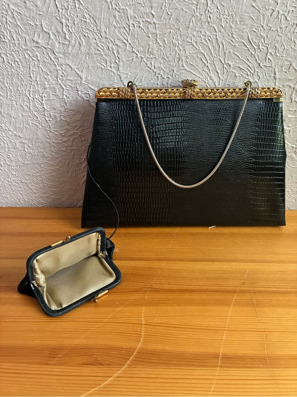 Vintage 50s 60s After Five Black Faux Reptile Rhinestone Purse